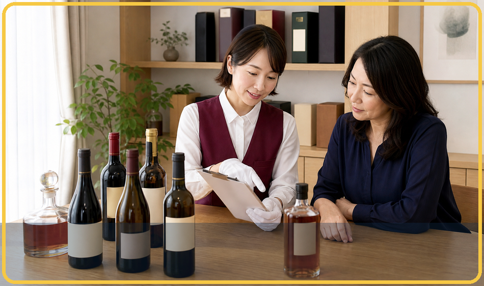 複数のお酒を自宅で確認する査定スタッフのイメージ
