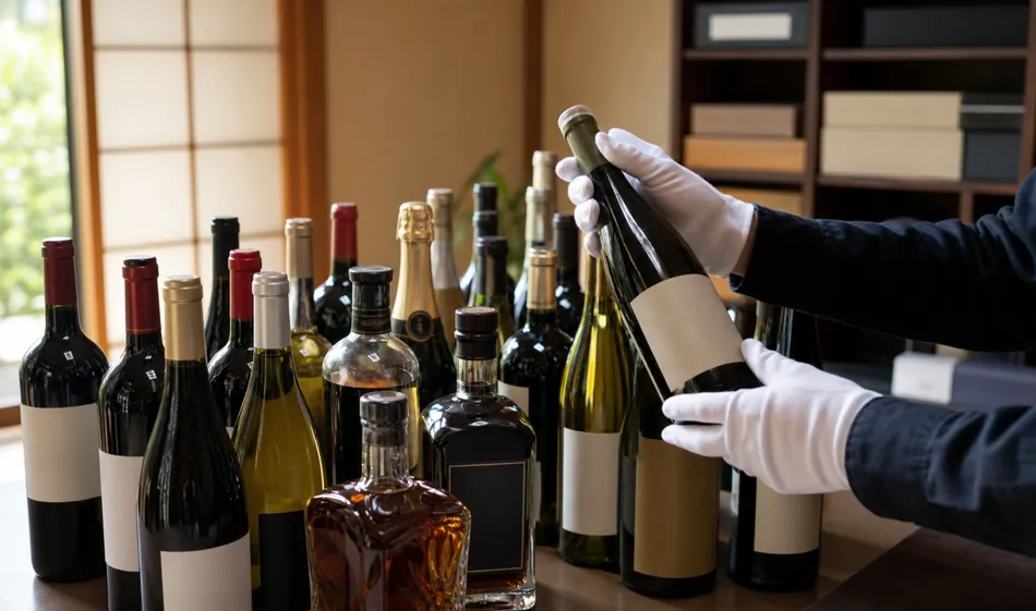 複数のお酒を自宅で確認する査定スタッフの手元