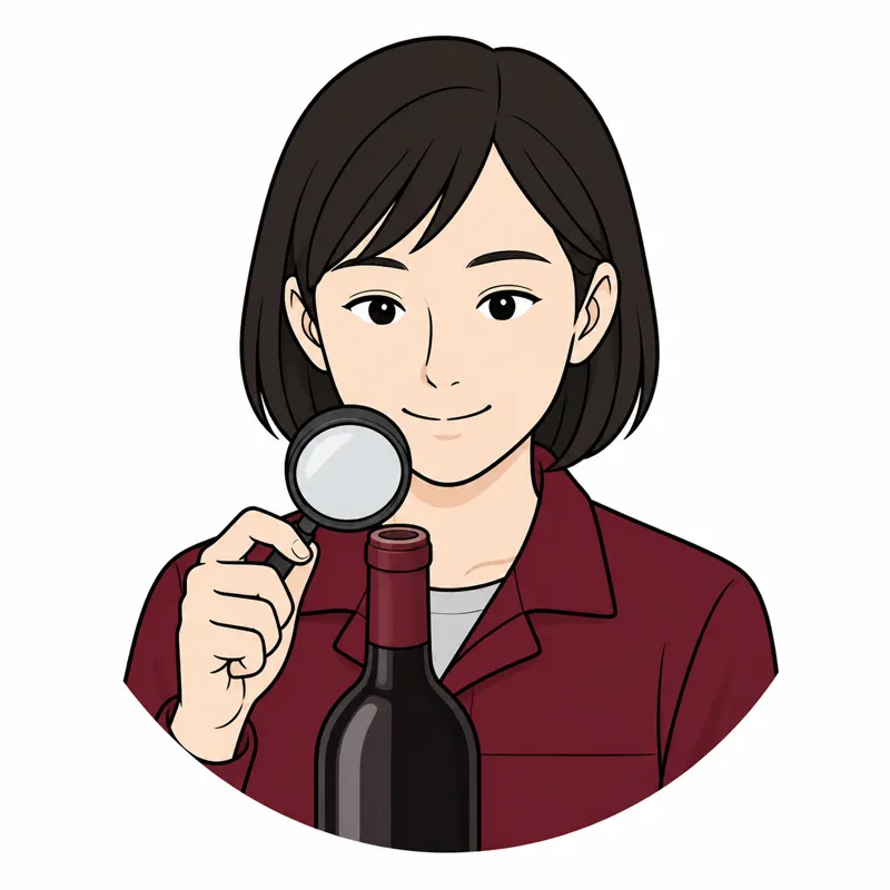 栓、液面、ラベル、保管状態を確認する査定員のイラスト