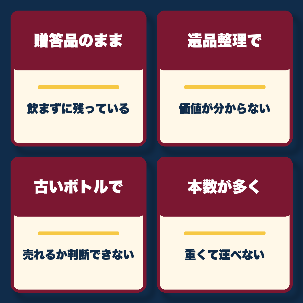 贈答品、遺品整理、古酒、まとまった本数についての4つの悩み