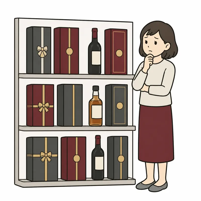 棚の贈答品の箱を前に悩む人のイラスト