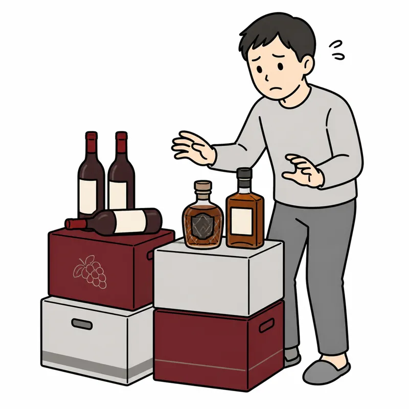 古いボトルのラベルを見て首をかしげる人のイラスト