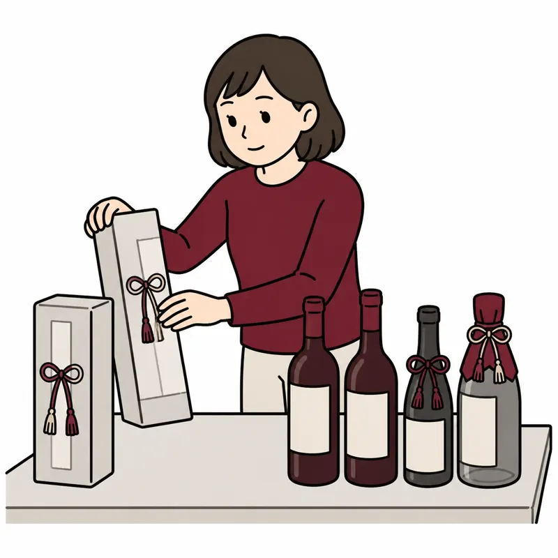 箱付きのボトルを並べて整理する人のイラスト