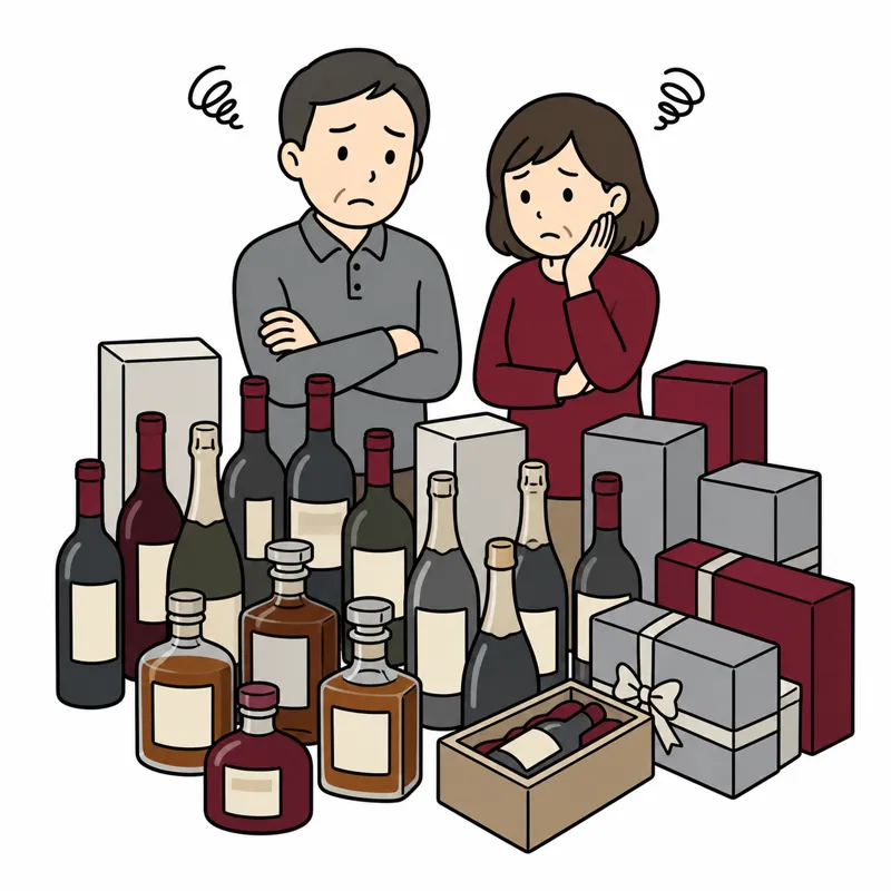 たくさんのボトルを前に困る夫婦のイラスト