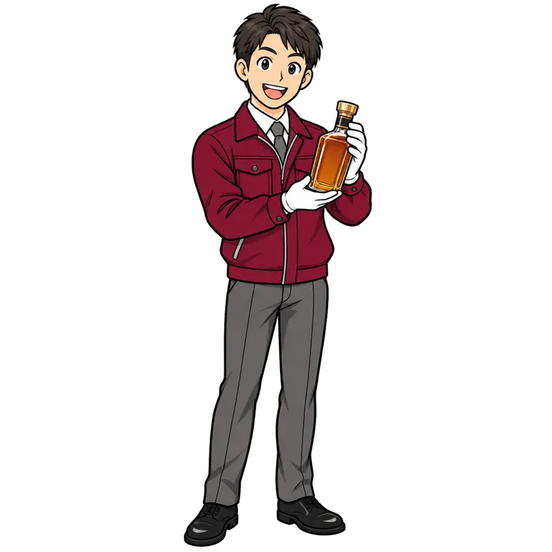 ボトルを丁寧に持つ査定員のイラスト