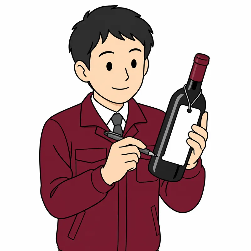 ボトルを確認して値札を書く査定員のイラスト